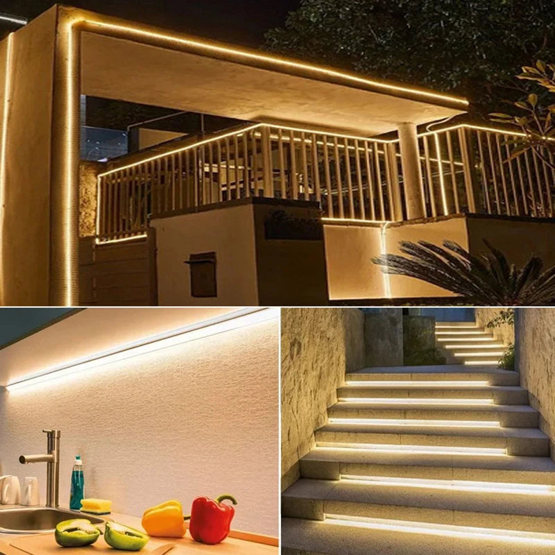 220V LED Strip Lights with ON-OFF Switch Waterproof COB Flexible Ribbon Tape for Room Kitchen Garden Outdoor Lighting