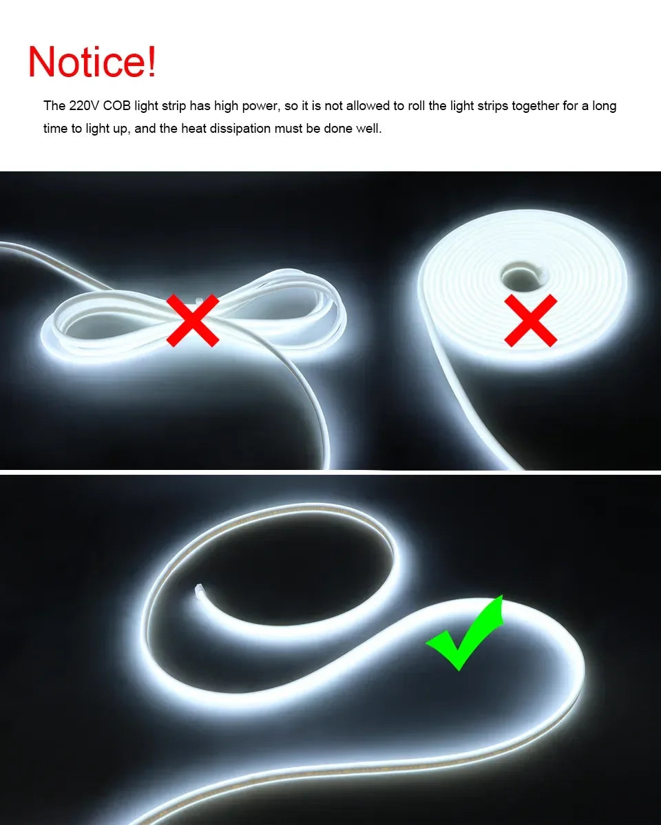 220V LED Strip Lights with ON-OFF Switch Waterproof COB Flexible Ribbon Tape for Room Kitchen Garden Outdoor Lighting