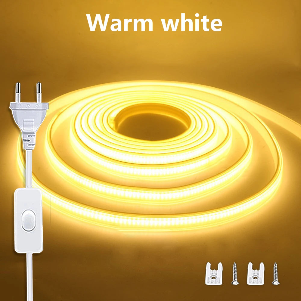 220V LED Strip Lights with ON-OFF Switch Waterproof COB Flexible Ribbon Tape for Room Kitchen Garden Outdoor Lighting