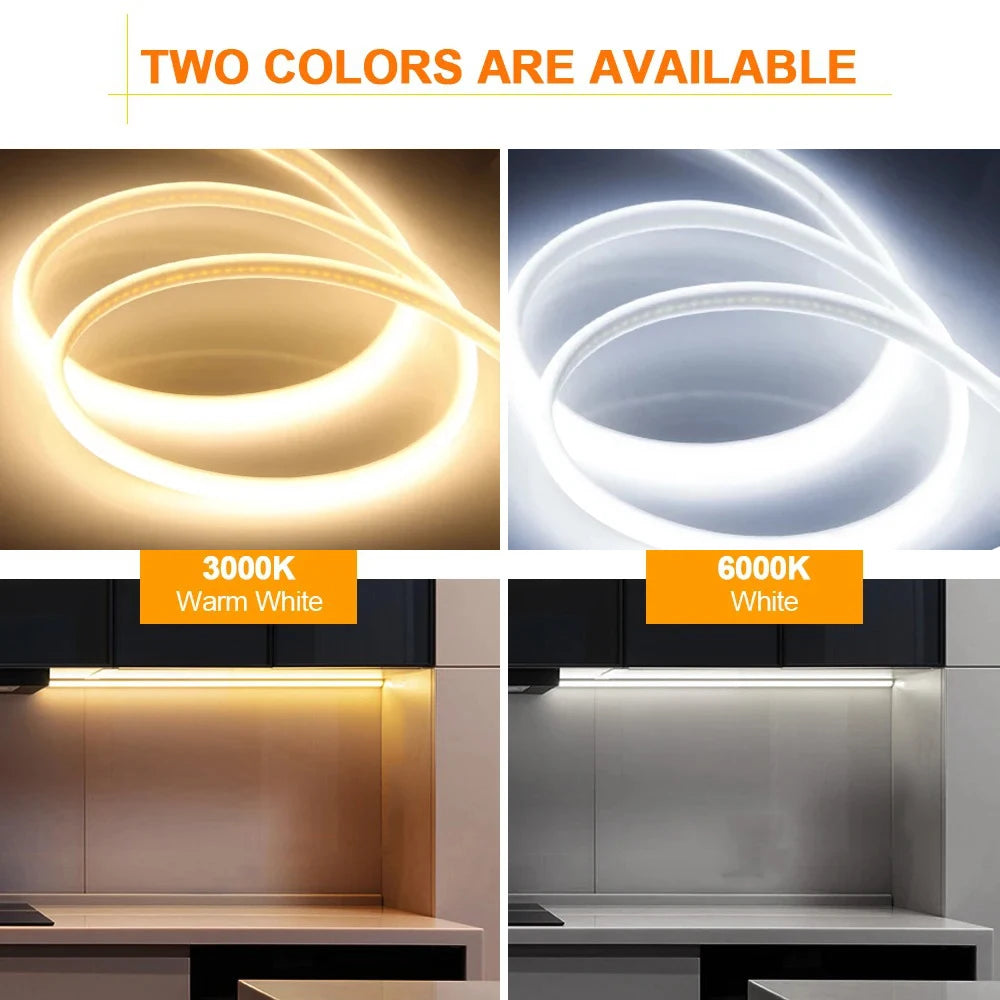 220V LED Strip Lights with ON-OFF Switch Waterproof COB Flexible Ribbon Tape for Room Kitchen Garden Outdoor Lighting