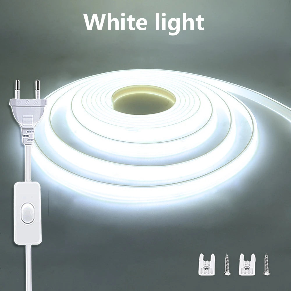 220V LED Strip Lights with ON-OFF Switch Waterproof COB Flexible Ribbon Tape for Room Kitchen Garden Outdoor Lighting