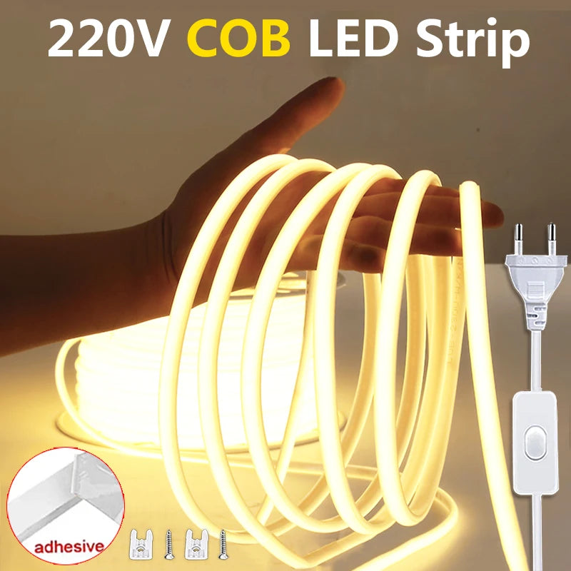 220V LED Strip Lights with ON-OFF Switch Waterproof COB Flexible Ribbon Tape for Room Kitchen Garden Outdoor Lighting